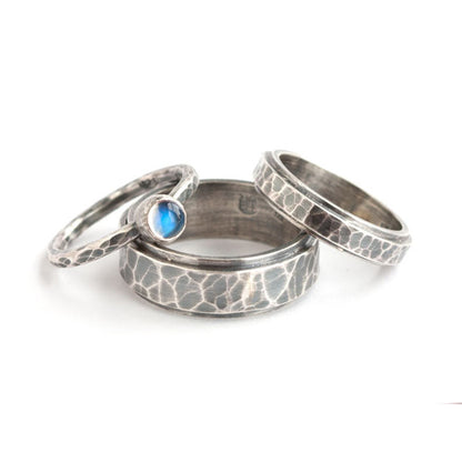 Recycled-Sterling-Silver-Rainbow-Moonstone-Hammered-Wedding-Bands
