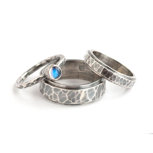 Recycled-Sterling-Silver-Rainbow-Moonstone-Hammered-Wedding-Bands