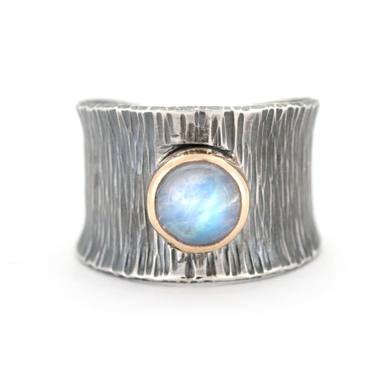 14k gold and rainbow moonstone wide band ring