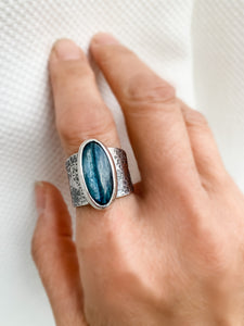 Handcrafted Silver wide band textured cocktail ring with oval blue kyanite