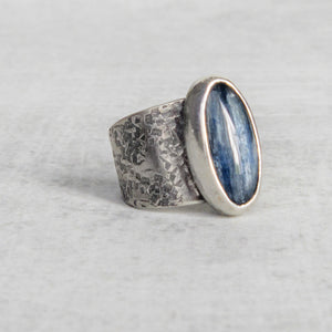 Oval blue kyanite cocktail ring wide band silver