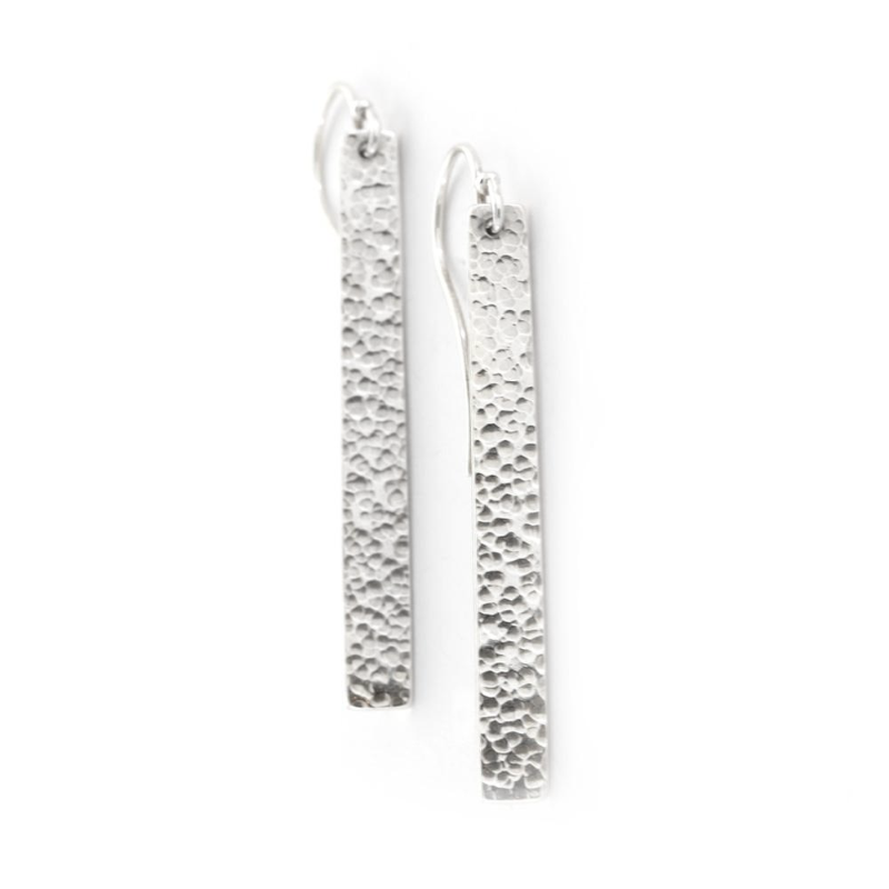 Modern Simple Silver Hammered Texture Bar Earrings