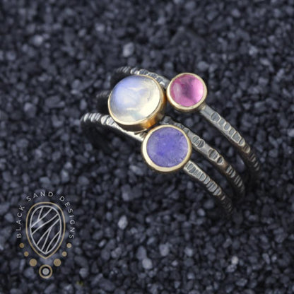 Gunmetal silver and gold gemstone stacking rings