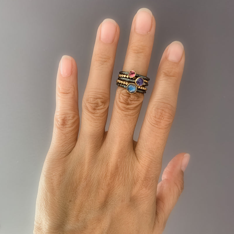 Bi-metal gold silver and gemstone stacking ring set