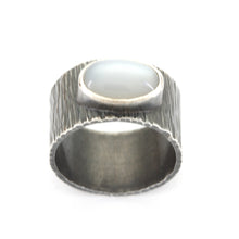 White Moonstone Textured Silver Wide Band Ring