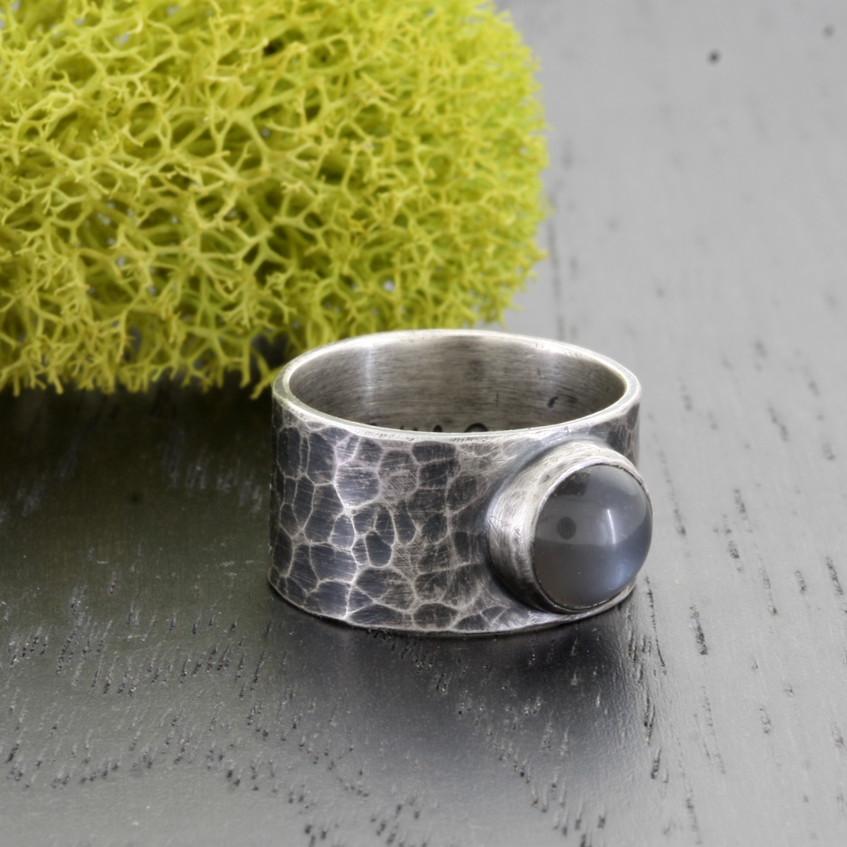 Black Moonstone and Oxidized Sterling Silver Ring Wide Band