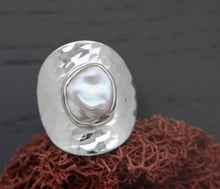 Handmade hammered baroque Pearl and silver Ring Size 6